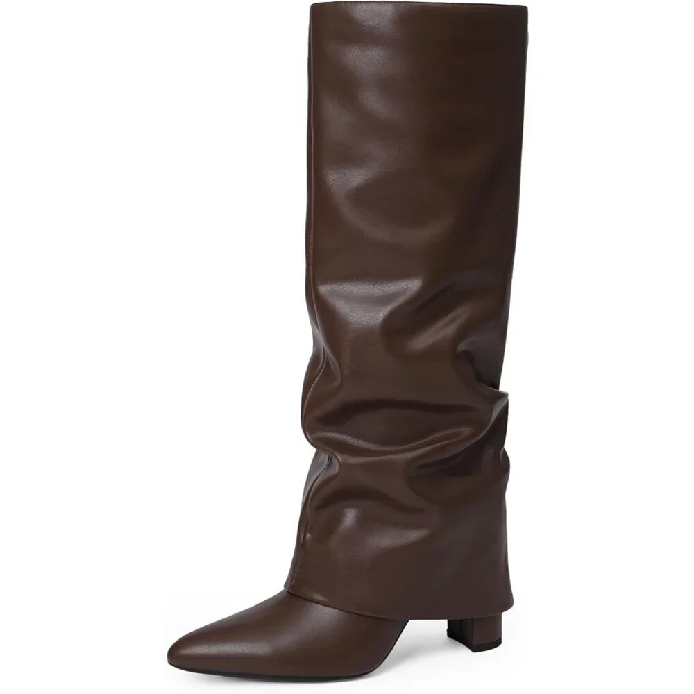 Women Chocolate Faux Leather Fold Over Knee High Chunky High Heels Long Boot